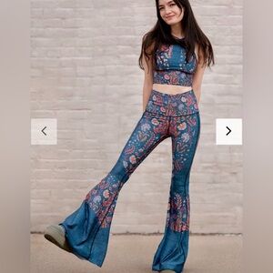 Yoga Democracy S Festival Denim Flare Bell Bottom Leggings Pants Floral Blue